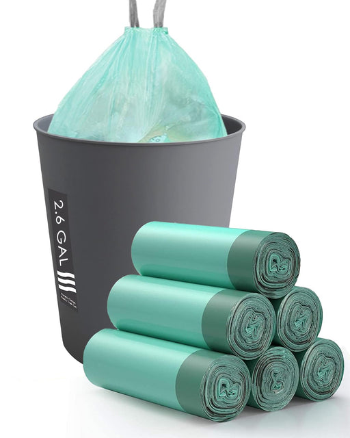2.6 Gallon Trash Bags, AYOTEE Drawstring Compostable Trash Bags, 250 Count Strong Bathroom Trash Bags Waste Basket Liners for Bathroom, Kitchen, Office, Car Fit 8-10 Liter Trash Can (Green)