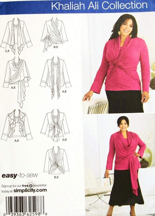 Simplicity Khaliah Ali Pattern 2598. Women's Szs 26W; 28W; 30W; 32W Knit Top & Cardi-Wrap with Front Variations