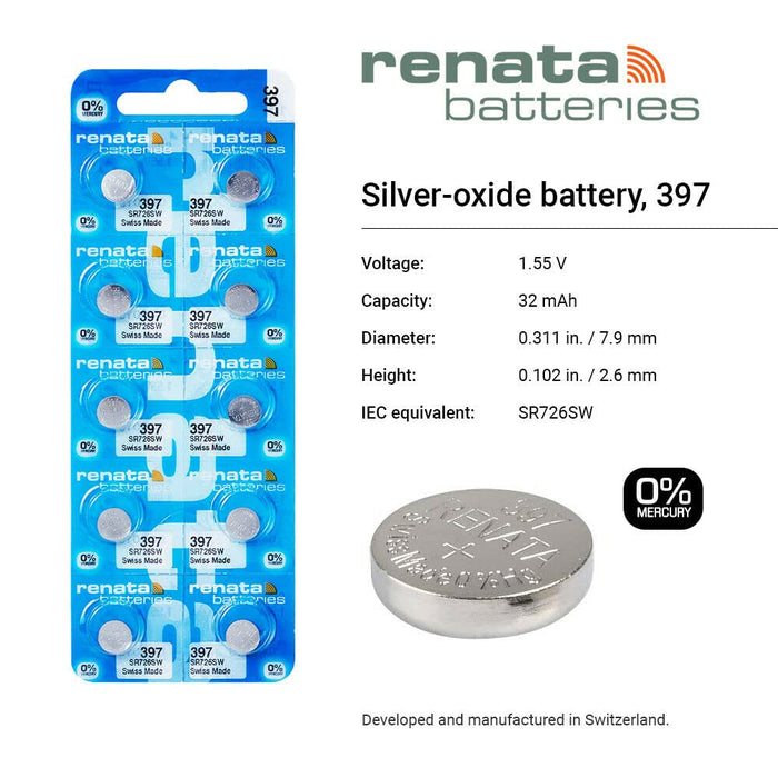 Renata 397 SR726SW Batteries - 1.55V Silver Oxide 397 Watch Battery (100 Count)