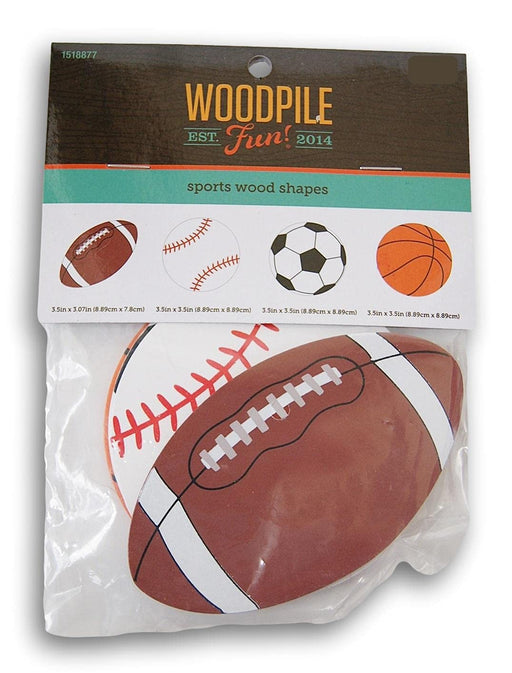 Craft Supply Sports Balls Painted Wood Cutout Shapes - 4 Mini Pieces - Football, Baseball, Soccer Ball, and Basketball Multi