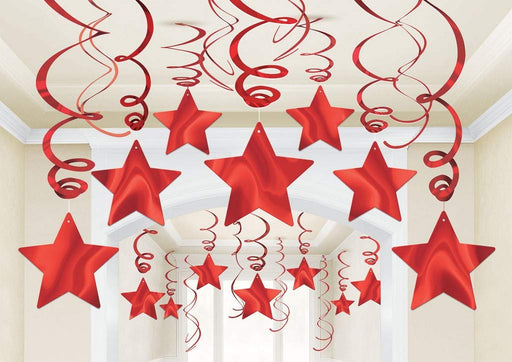 Apple Red Shooting Stars Hanging Foil Swirls - 18" & 24" (30 Pcs) - Party Decorations for Birthdays, Graduations, and Festive Events