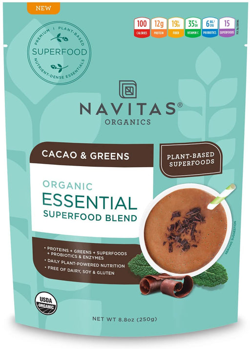 Navitas Organics Essential Superfood Protein Blend, Cacao & Greens, 8.8 oz, Bag, 10 Servings — Organic, Non-GMO, Gluten-Free, Plant-Based Protein