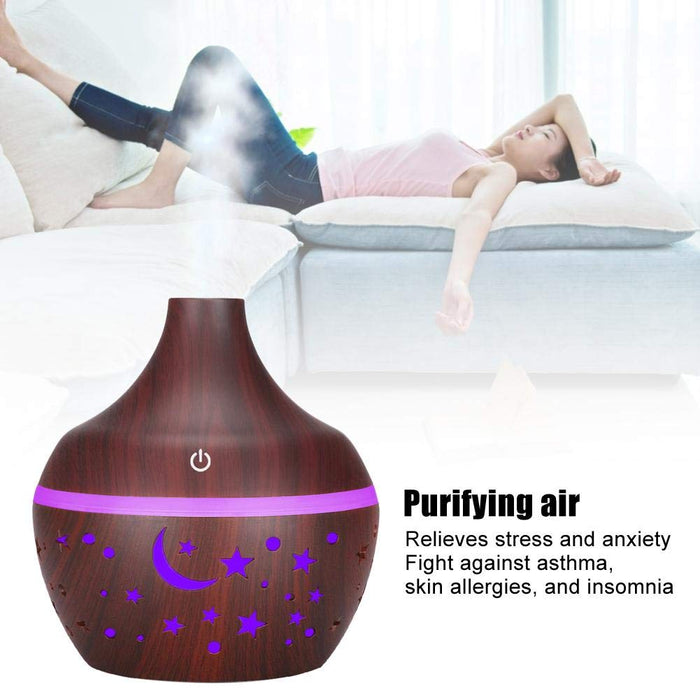 Essential Oil Diffuser, 300ml Ultrasonic Aroma Diffuser Wood Grain Aromatherapy Diffuser with 7 Color Changing Night for Room Decor(Dark Wooden Grain)