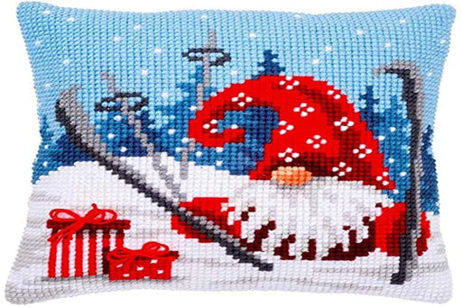 Vervaco Cross Stitch Christmas Embroidery Kits Pillow Front for Self-Embroidery with Embroidery Pattern on 100% Cotton, 15,75 x 15,75 Inches - 40 x 40 cm, Christmas Gnome Skiing