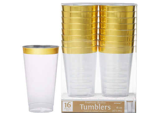 Elegant Clear with Gold-Trim Premium Plastic Tumblers - 16 oz. (Pack of 16) - Perfect for Parties, Weddings & Events