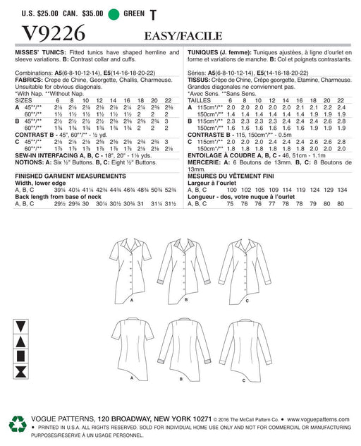 Butterick V9226-E50 Misses' Asymmetrical-Hem, Button-Down Tunics, 14-16-18-20-22