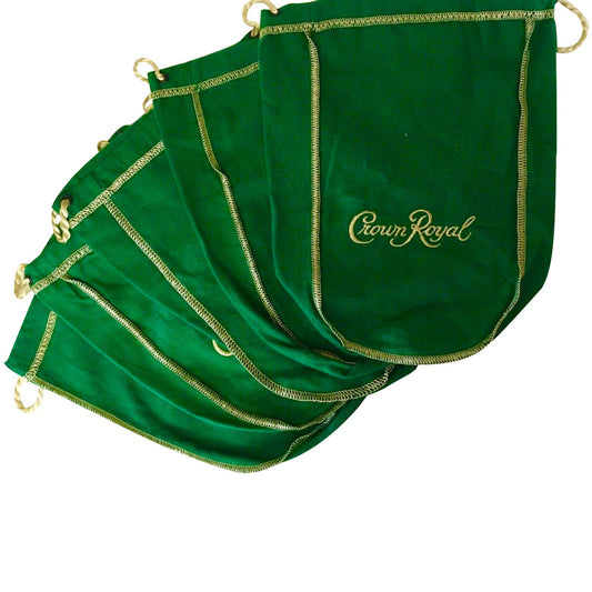 Pack of 5 Green Crown Royal Bags w/Gold Drawstrings from 1 Liter Bottles (9 inch x 5.5 inch) for Gift Bags, Carrying Card Games or Dice Bulk Fabric for quilting sewing or crafts (5)