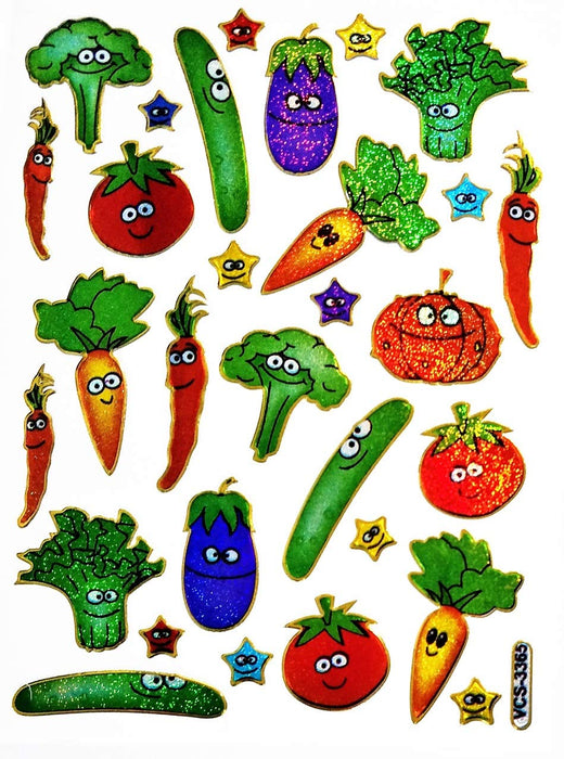 Stickers Glitter Pack 10 Sheets Cute Lettuce tomato cucumber Carrot Vegetable Vegan Sticker Diary Scrapbook Sticker Decal Photo Crafts Decor Art Cartoon Decal Label Stickers Toy Kids School gifts (01)
