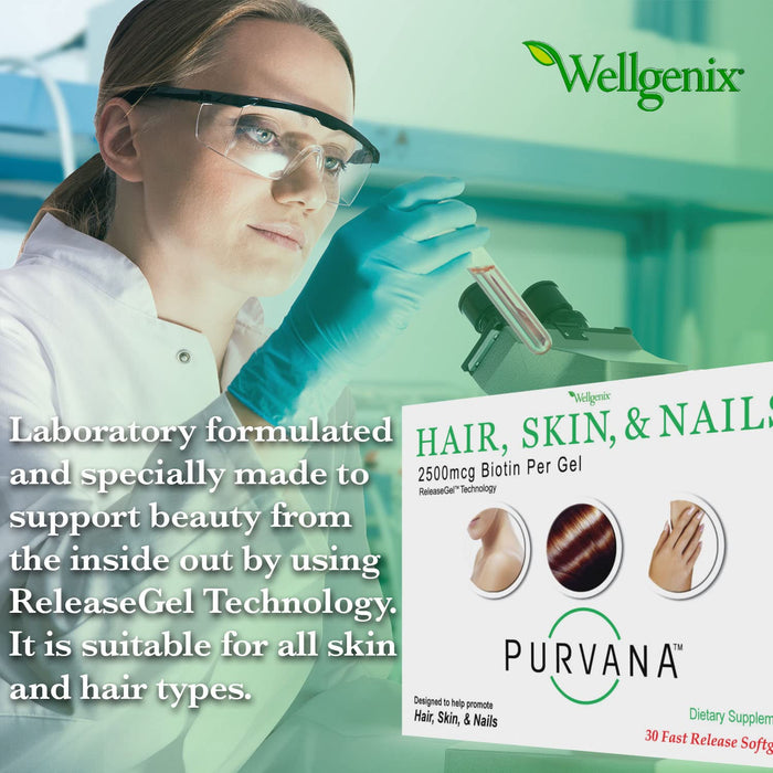 Wellgenix Purvana Hair, Skin, and Nails Vitamin - Softgels for High Absorption - Double Strength 2500mcg Biotin, VIT A & B (30 Count) (Pack of 2)