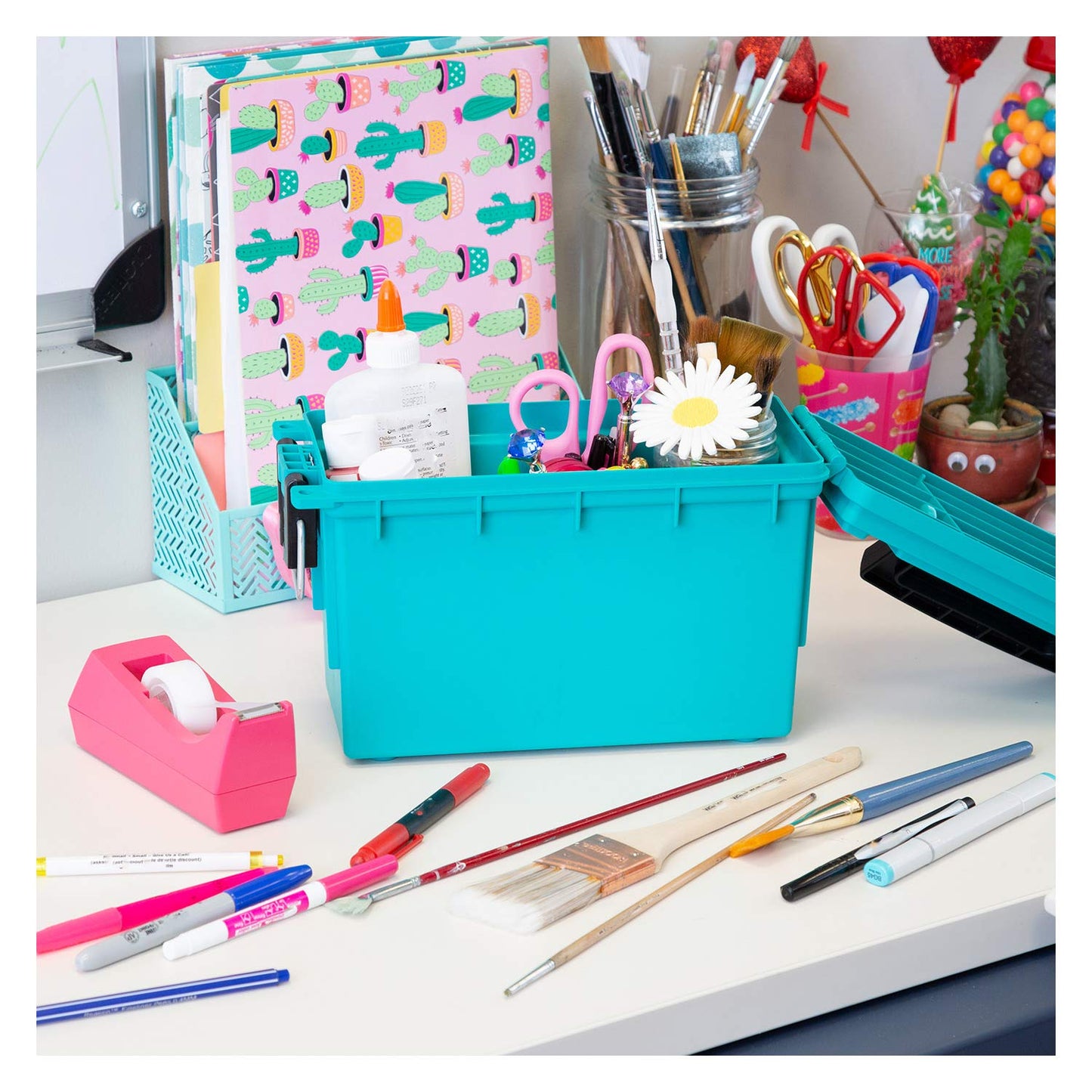 Logix 12533 Stackable Craft Storage Box with Handle, Locking Art Supply Box, Plastic Storage Containers with Lids, Craft Organizer Box, Teal