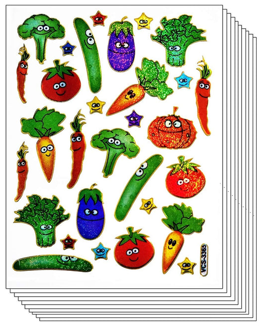 Stickers Glitter Pack 10 Sheets Cute Lettuce tomato cucumber Carrot Vegetable Vegan Sticker Diary Scrapbook Sticker Decal Photo Crafts Decor Art Cartoon Decal Label Stickers Toy Kids School gifts (01)