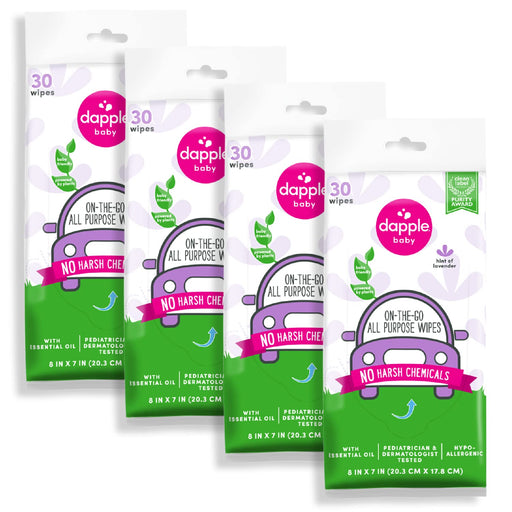 dapple All Purpose Wipes Baby, Hint of Lavender, 30 Count Pouch (Pack of 4) - Plant Based & Hypoallergenic Cleaning Wipes