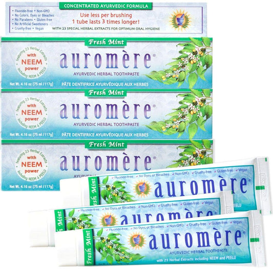 Auromere Ayurvedic Herbal Toothpaste, Fresh Mint - Vegan, Natural, Non GMO, Fluoride Free, Gluten Free, with Neem & Peelu (4.16 oz), 3 Pack