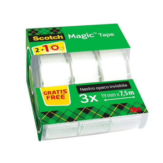 Scotch Magic Tape, Promo Pack, 2 Rolls on Handheld Dispenser + 1 Free, 19 mm x 7.5 m - General Purpose Sticky Tape for Document Repair, Labelling & Sealing