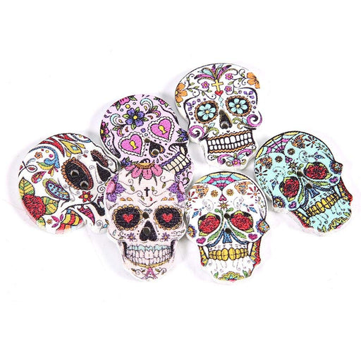 50Pcs Skull Head Wooden Buttons, 1 x 0.7in Colored Drawing Button Decorative Buttons with 2 Holes for DIY Crafts Scrapbooking Sewing Cardmaking(Type B)