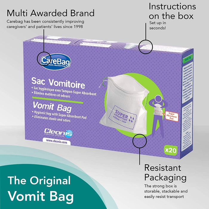 The Original CareBag Vomit Bag with Super Absorbent Pad, Box of 20 Bags – Absorbent Emesis Bag for Emergency – Medical Grade, Disposable Nausea Bag for Travel – Barf Bags for the Car, Uber, & Lyft