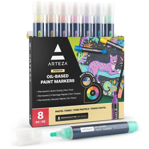 ARTEZA Pastel Oil-Based Markers, 8-Pack, 2.5 mm Line, Large Barrel, Quick-Drying Permanent Marker Pens with Bullet Nib, Craft and Art Supplies