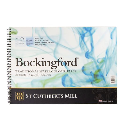 St. Cuthberts Mill Bockingford Watercolor Paper Spiral Pad - 14x10-inch White Water Color Paper for Artists - 12 Sheets of 140lb Cold Press Watercolor Paper for Gouache Ink Acrylic Charcoal and More