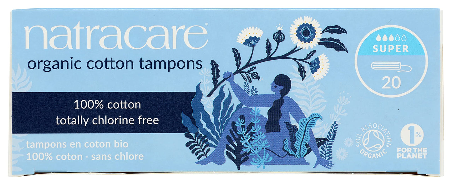 Natracare Non-Applicator 100% Organic Cotton Tampons, Super, Totally Chlorine Free, Biodegradable and Compostable (12 Pack, 240 Tampons Total)