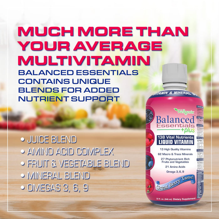 Wellgenix Balanced Essentials Plus New Formula - Liquid Multivitamin Supplement for Men & Women, Immune Booster, Overall Health & Wellness, Berry Flavor, Adult & Kids Vitamins 1oz Daily, 32 Fl Oz