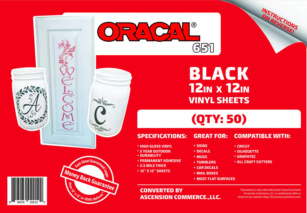 (50) 12" x 12" Sheets - Oracal 651 Black Adhesive Craft Vinyl for Cricut, Silhouette, Cameo, Craft Cutters, Printers, and Decals - Gloss Finish - Outdoor and Permanent