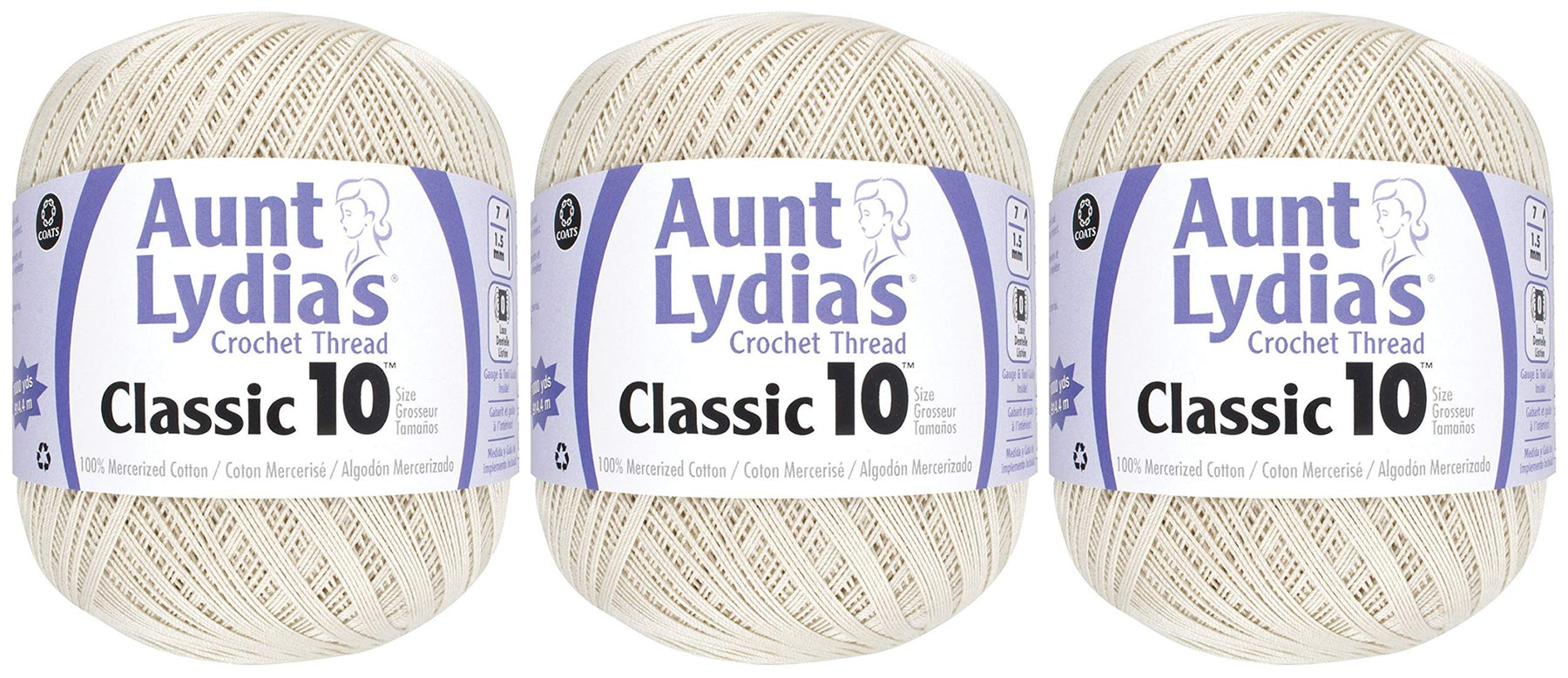 3-Pack - Aunt Lydia's Classic Crochet Thread - Natural - Size 10 Value Pack - 1000 Yards Each