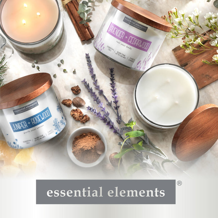 Essential Elements by Candle-lite Scented Candles, Juniper and Rosewood Fragrance, One 14.75 oz. Three-Wick Aromatherapy Candle with 45 Hours of Burn Time, Off-White Color