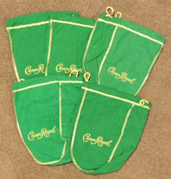 Pack of 5 Green Crown Royal Bags w/Gold Drawstrings from 1 Liter Bottles (9 inch x 5.5 inch) for Gift Bags, Carrying Card Games or Dice Bulk Fabric for quilting sewing or crafts (5)