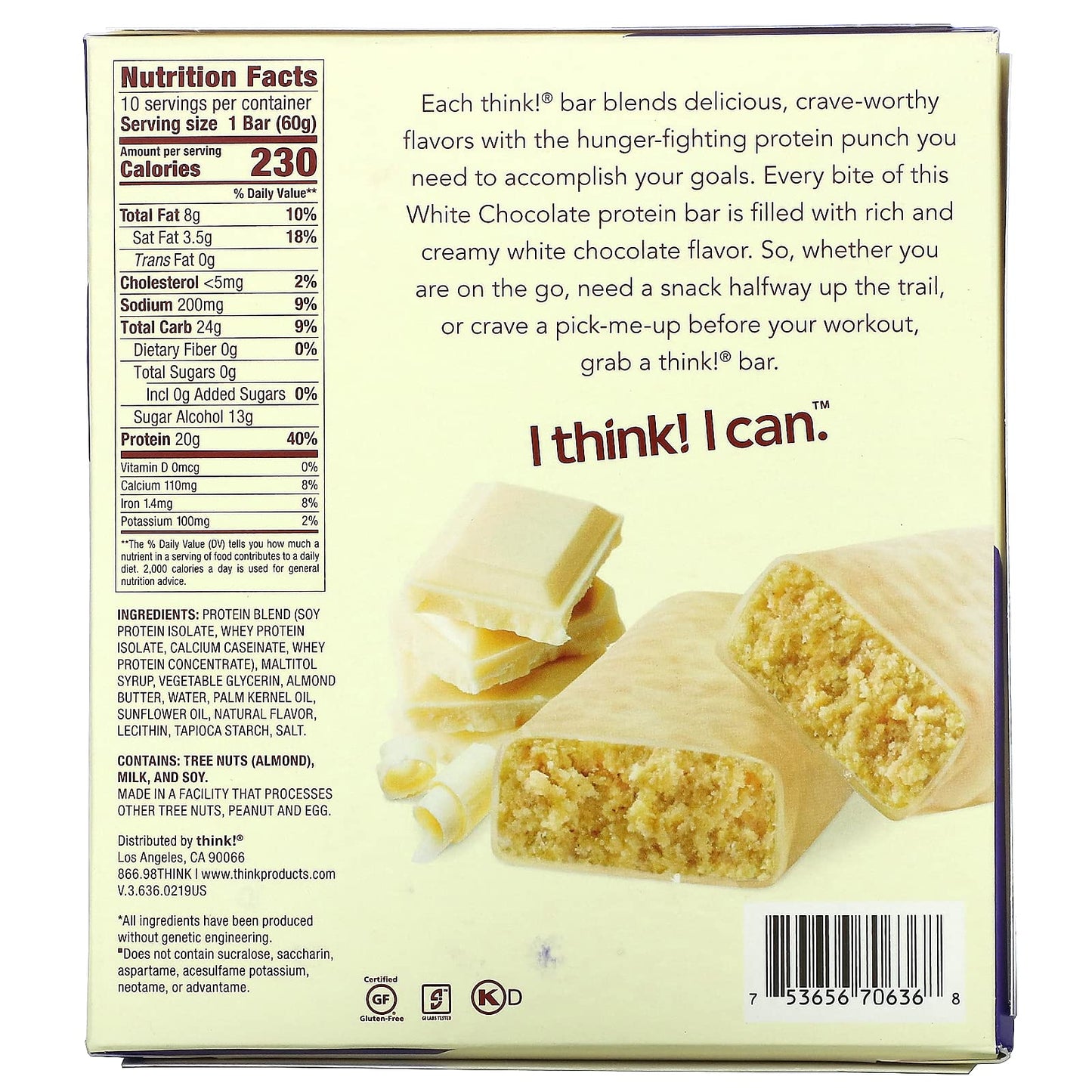 Think ! High Protein Bars, White Chocolate, 10 Bars, 2.1 oz (60 g) Each