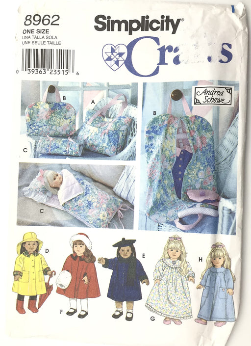 Simplicity Crafts Pattern 8962 Doll Clothes, Tote, Doll Sized Garment Bag and Sleeping Bag by Andrea Schewe
