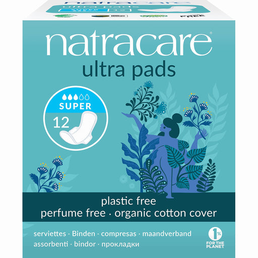 Natracare Slim Fitting Ultra Pads with Wings, Super, Made with Certified Organic Cotton, Ecologically Certified Cellulose Pulp and Plant Starch (12 Pack, 144 Pads Total)