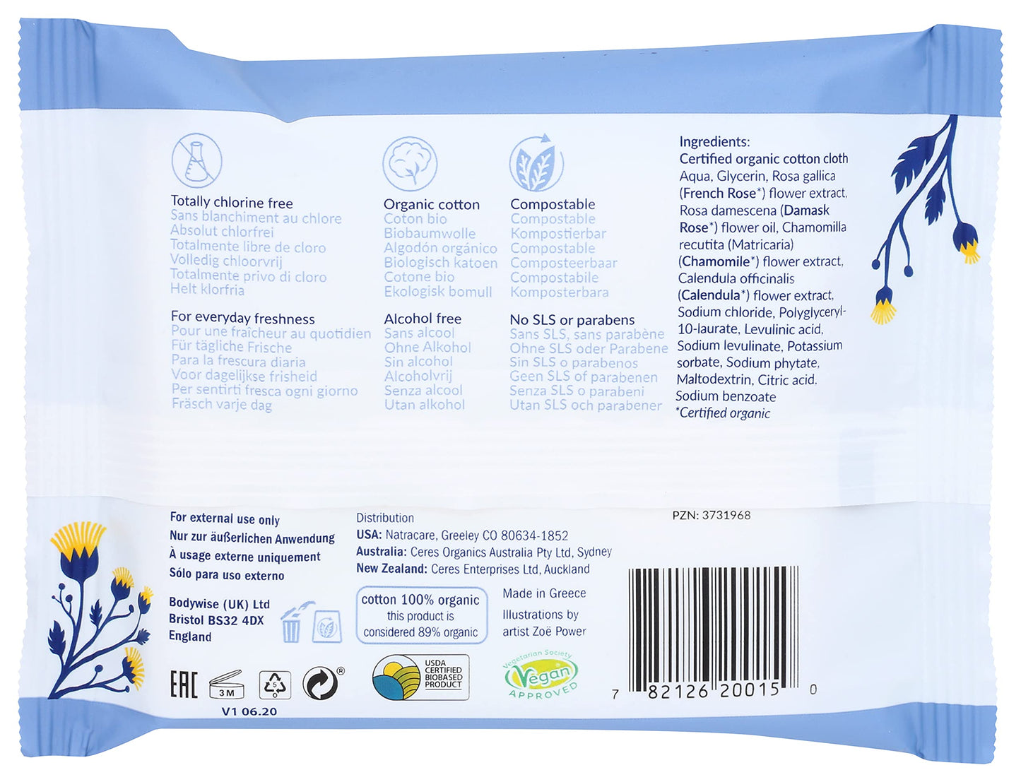 Natracare Organic Cotton Intimate Wipes Infused with Organic Essential Oils of Chamomile, Calendula and French Rose, 12 Wipes per pack (24 Pack, 288 wipes total)