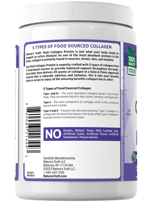 Nature's Truth Multi Collagen Powder | 9 oz | Type I, II, III, V, X | Hydrolyzed Collagen Peptide Protein Powder | Keto and Paleo Friendly | Unflavored | Gluten Free