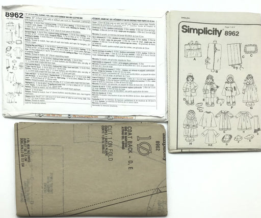 Simplicity Crafts Pattern 8962 Doll Clothes, Tote, Doll Sized Garment Bag and Sleeping Bag by Andrea Schewe
