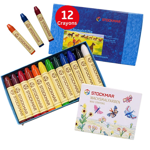 STOCKMAR Beeswax Stick Crayons - Set of 12 Jumbo Crayons -Non Toxic, Beeswax Crayons For Toddlers, Kids -Waldorf Homeschool -Waldorf Art Supplies- Includes Storage Box