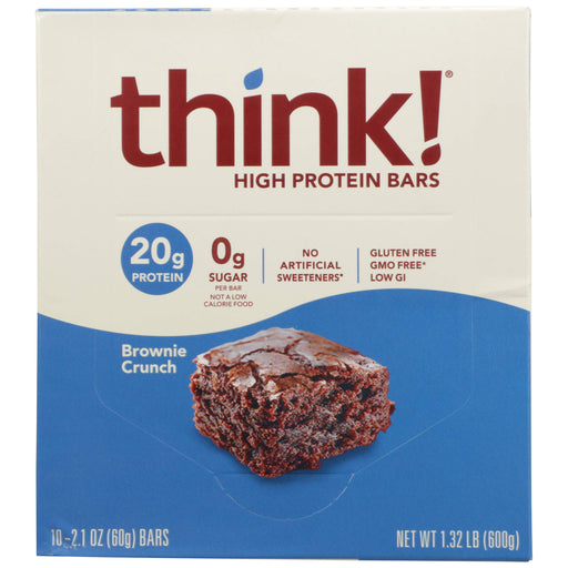 think! Protein Bars, High Protein Snacks, Gluten Free, Sugar Free Energy Bar with Whey Protein Isolate, Brownie Crunch, Nutrition Bars Without Artificial Sweeteners, 2.1 Oz (10 Count)