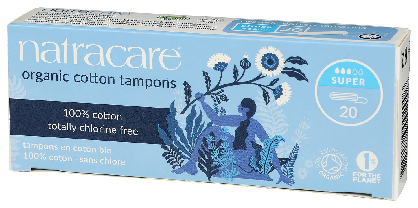 Natracare Non-Applicator 100% Organic Cotton Tampons, Super, Totally Chlorine Free, Biodegradable and Compostable (12 Pack, 240 Tampons Total)