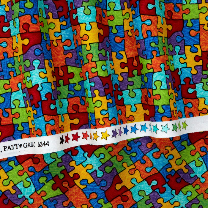 Timeless Treasures Crayon Party Puzzle Pieces Bright, Fabric by the Yard
