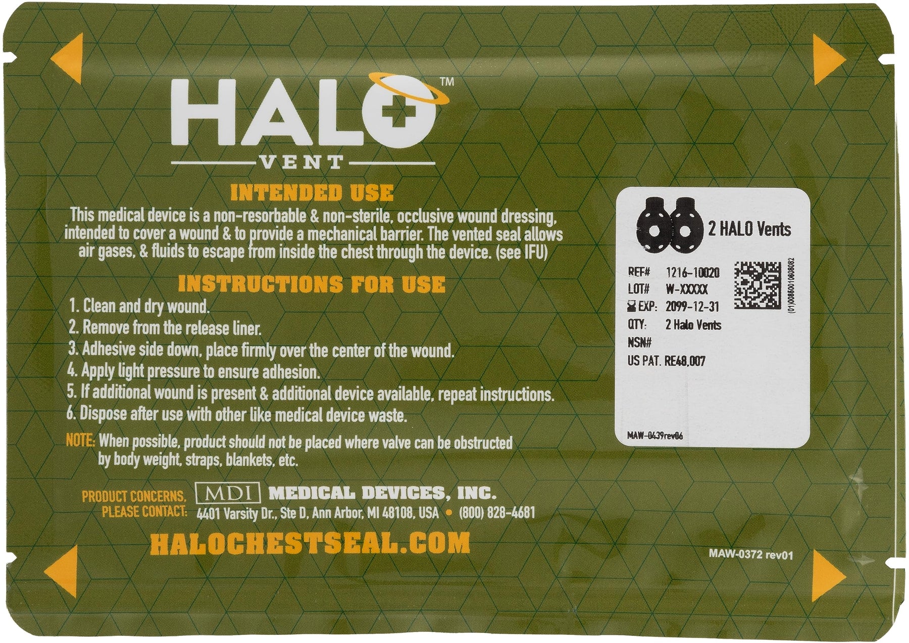 Halo Vent IFAK Chest Seal, 2 Vent Seals Per Package