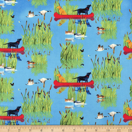 Henry Glass & Co. Henry Glass Dockside Canoes and Dogs Fabric, Blue