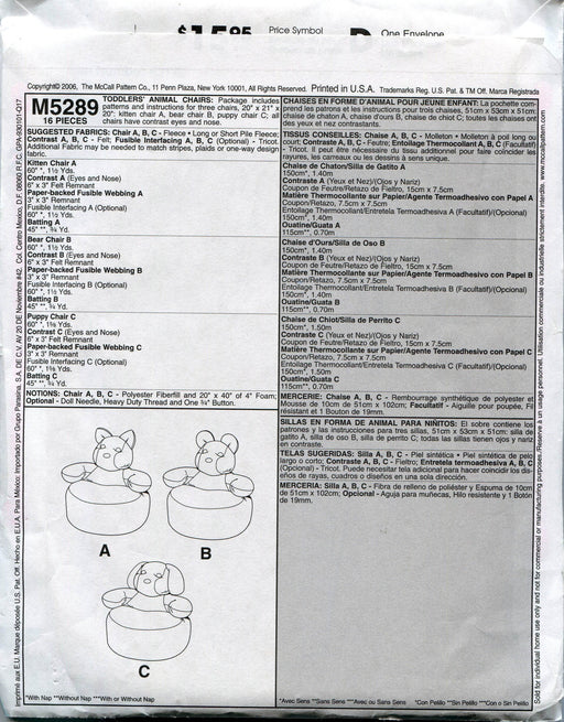 McCall's Crafts Sewing Pattern M5289 Toddlers' Animal Chairs