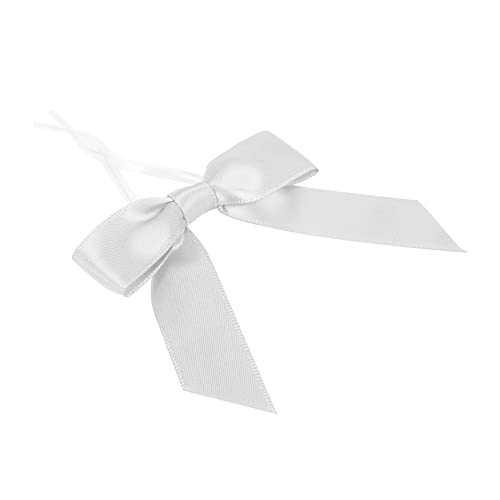 AIMUDI Silver Satin Ribbon Twist Tie Bows 2.5" Pretied Bows Premade Craft Bows for Treat Bags Cake Pop Gift Wrapping Basket Wedding Favors Cookie Candy Bagging Baby Shower - 50 Counts