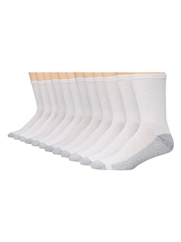 Hanes Mens Double Tough Socks, 12-pair Pack Crew Socks, White/Grey Foot Bottom, 6-12
