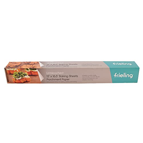 Frieling Unbleached Parchment Paper, Reusable Double-Sided Non-Stick Silicone Coating, Pre-Cut Sheets on Roll, 30 Pieces, 13" x 16.5", for Baking, Air Frying, Steaming Packaging …