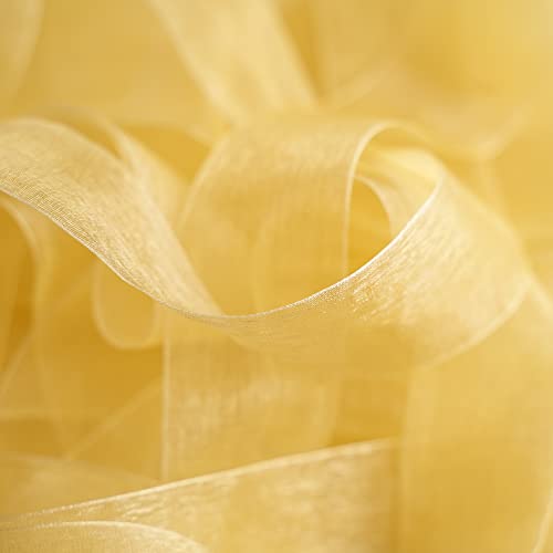 HUIHUANG 2 Rolls Shimmer Sheer Organza Ribbon 1-1/2 inch Yellow Gold Chiffon Fabric Ribbon for Gift Wrapping Wedding Floral Bouquet Baby Shower All Types of Crafts - 50 Yards Each Roll