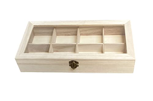 Cregugua 2 Pack Unfinished Wooden Box with Glass Lid, Wood Jewelry Storage Tray Box ,8 Compartment Organizer 12.6 x 6.3 x 2.4 In