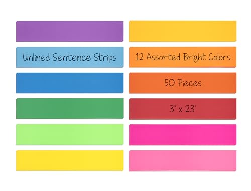 Hygloss Products Bright Sentence Strips -  Great for Arts and Crafts, Decorations, Classroom Activities - Cardstock - Unlined Thin Strip - 10 Assorted Colors - 3" High x 23" Long Size - 50 Pieces