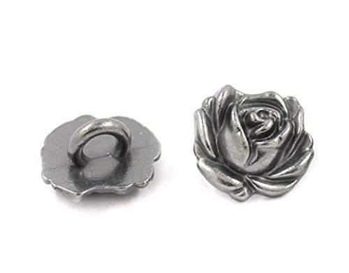 Bezelry 30 Pieces Small Rose Bloom Gray Silver Metal Shank Buttons. 12mm (15/32 inch)