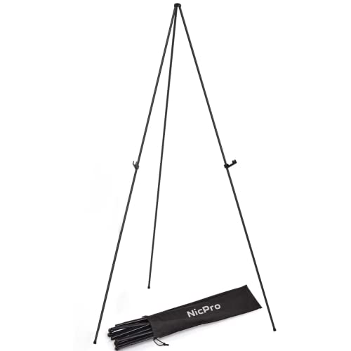 Nicpro Folding Easel for Display, 63 Inch Metal Floor Easel Stand Tripod Black Portable for Artist Poster Wedding with Carry Bag