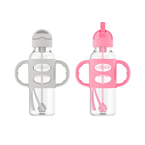 Dr. Brown’s® Milestones™ Narrow Sippy Straw Bottle with 100% Silicone Handles, 8oz/250mL, Gray & Pink, 2 Pack, 6m+